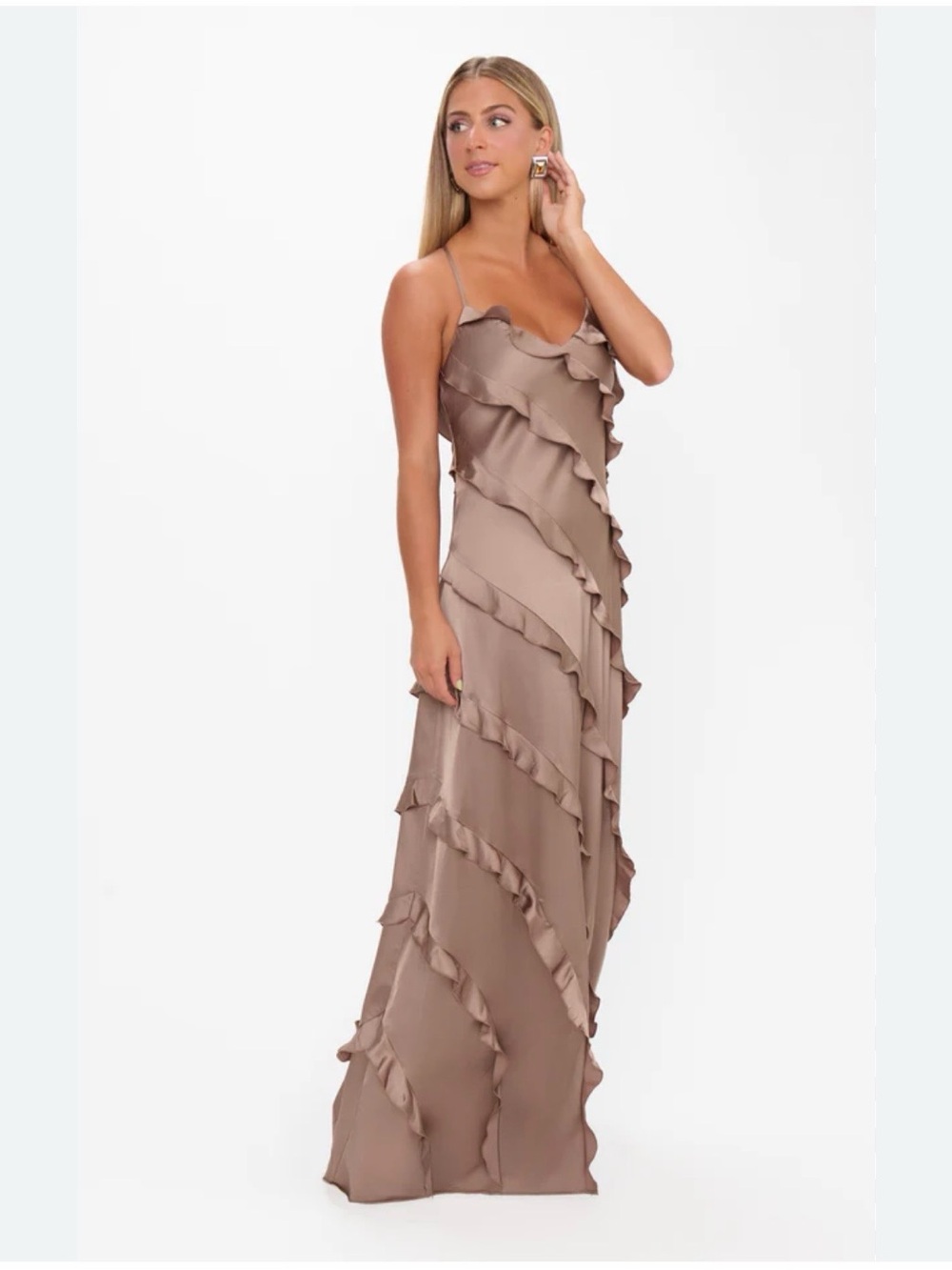 Show Me Your MuMu Taupe Ruffled Slip Maxi Dress